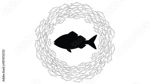 Large black fish silhouette surrounded by a circular swarm of many smaller fish outlines on a plain white background for concept.
