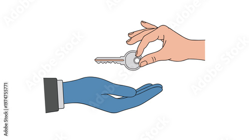 Person handing over a silver metal key to a person wearing a blue surgical or latex glove against a plain white background.