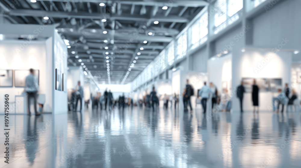 Fototapeta premium A busy trade show with blurred figures and bright lights, capturing the essence of professional networking and innovation.