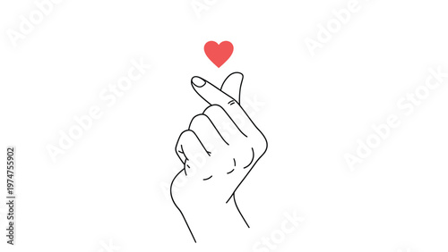 Line drawing of a hand making the popular Korean small heart finger gesture with a red heart symbol above it on white background.