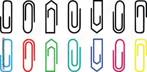 Paper clip icons vector set. Attached paper clip. Colorful paper clip icons. Flat design.