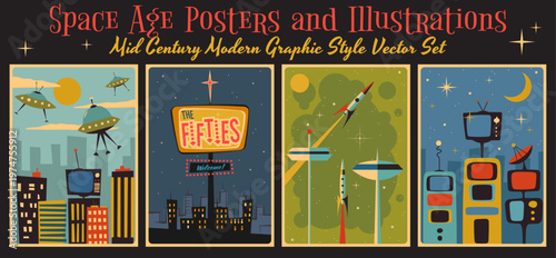 Space Age Posters and Illustrations. Mid Century Modern Graphic Style from the 1950s. Vector Template Set from the 50s. Set for Retro Party, Event Poster, Atomic Age Style, Space Age Designs