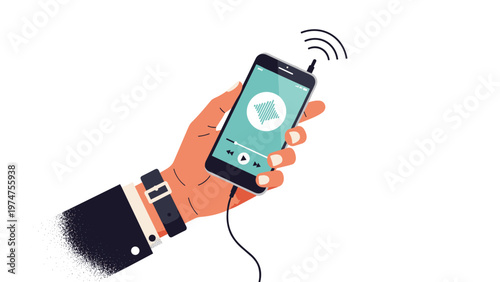 Hand in a suit sleeve holding a smartphone that is playing music with headphones connected against a white background.