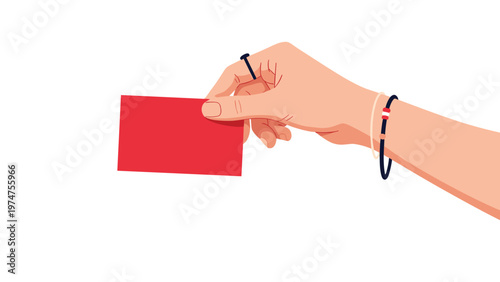 Hand with a ring and bracelets holding a small red rectangular card against a plain white background for custom messages.