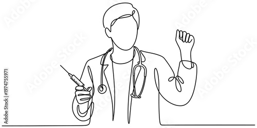 A minimal continuous line drawing of a doctor holding a syringe for a medical vaccination shot