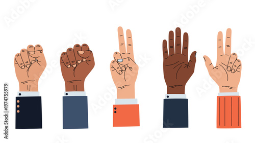 Five diverse hands with different skin tones making various gestures from fists to open palms isolated on a white background.