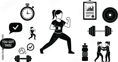 Black and white illustration of woman working out with various fitness icons around her including dumbbells and weights and a clipboard with a graph on it