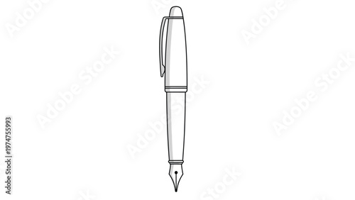 Classic silver fountain pen with a fine metal nib isolated on a solid white background for writing and office concepts.