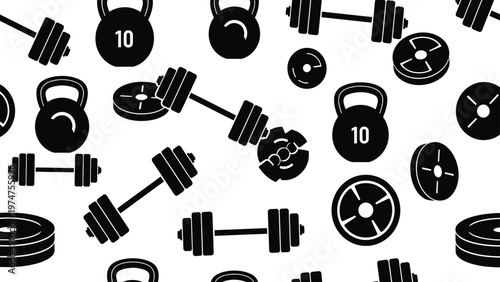Black and white illustration of various gym equipment icons including dumbbells kettlebells and weight plates on white background for fitness and workout concepts