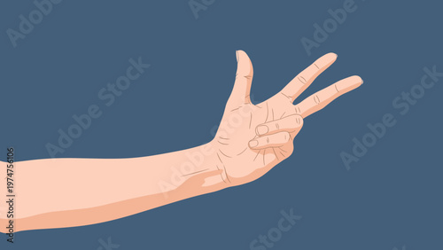 Side view of a human hand and arm making a counting gesture with three fingers extended against a dark blue background.