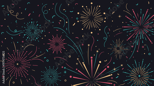Vibrant fireworks display and festive confetti patterns illuminate a dark blue background to celebrate special events and holidays.