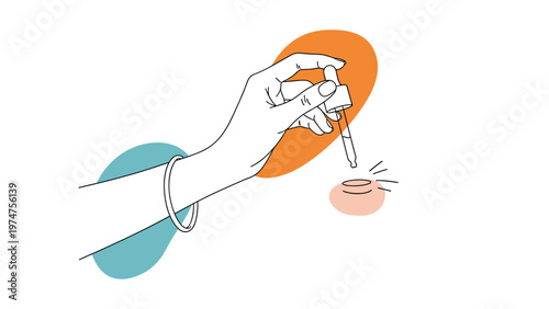 Hand holding a glass dropper carefully applies a medicinal treatment to a skin blemish over abstract blue and orange shapes.
