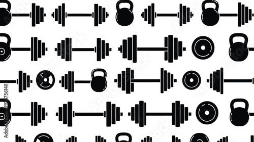Black and white seamless pattern of gym equipment icons including dumbbells and kettlebells on white background for fitness and sports designs