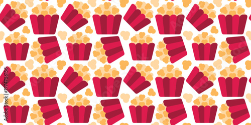 buttered popcorn bucket seamless pattern flat design. movie theater snack food illustration for cinema or party design. simple vector. pattern with white background.