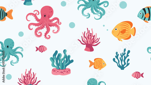 Vibrant seamless pattern of octopuses, tropical fish, and coral reefs creates a playful and colorful representation of oceanic life.