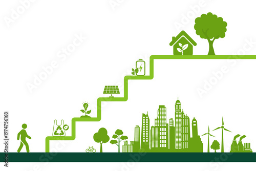 Sustainable city growth vector showing eco lifestyle steps with recycling, solar panel, battery energy, green home and urban skyline. Renewable energy concept for clean environment, future development