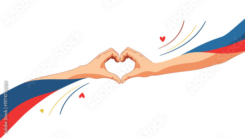 Two hands coming together to form a heart shape are accompanied by colorful trails and floating hearts representing love.