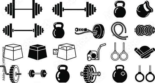 Collection of various gym equipment and workout tools for fitness and exercise routines  dumbbells kettlebells jump ropes and more