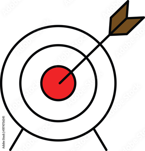 Bullseye target with arrow, red center, black lines, brown feathered tail