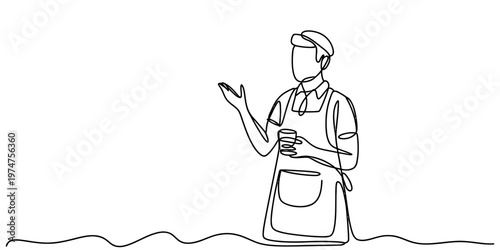 A continuous line drawing of a friendly barista wearing an apron and holding a cup of hot coffee