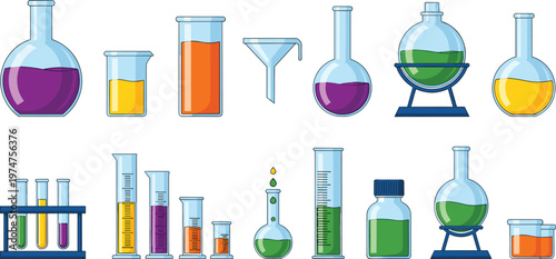 Laboratory glassware vector set featuring flasks, beakers, test tubes and chemical equipment with colorful liquids for science, chemistry and education design
