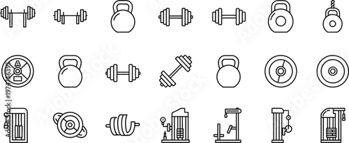 Collection of various gym equipment icons including dumbbells kettlebells and weight plates for fitness and exercise routines