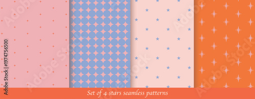 Set of 4 retro star seamless patterns, mid-century modern atomic age backgrounds. Vintage space age starburst seamless pattern vector collection in pastel and bright colors.