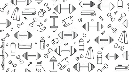 Line drawing fitness equipment pattern with dumbbells water bottles towels and earbuds on white background for healthy lifestyle and workout concepts