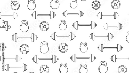 Line drawing pattern of various gym equipment icons including barbells kettlebells and weight plates for fitness and workout concepts  simple black and white design