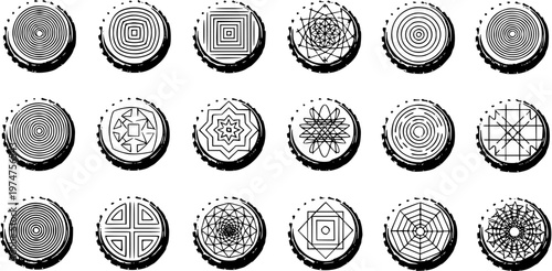 Set of Circular Geometric Patterns in Black and White Line Art Style, Vector Graphics
