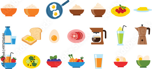 Breakfast and healthy food icons vector set featuring eggs, toast, coffee, juice, cereal, fruit bowls and beverages in colorful flat design style