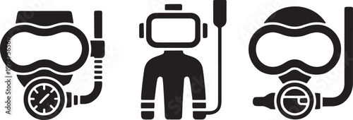 Set of Diving Masks and Snorkel Equipment Icons for Underwater Activities and Ocean Exploration
