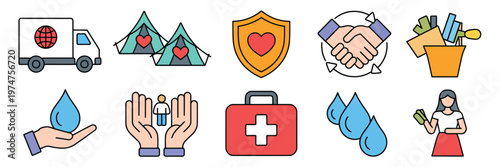 Aid and support flat icon set, vector illustration