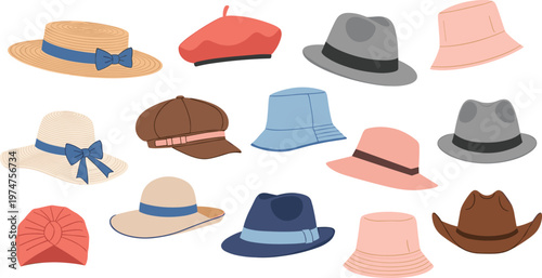 Stylish hats collection vector featuring beret, fedora, cowboy, bucket and sun hats in flat design for fashion, accessories and seasonal illustrations