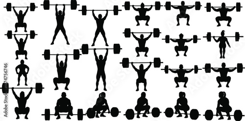 Silhouettes of people lifting weights in various positions with barbells and dumbbells for fitness and exercise routines  strength training illustrations