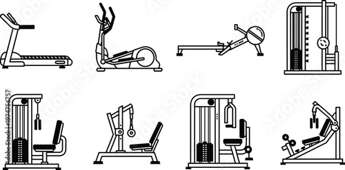 Various gym equipment machines for workout and exercise including treadmill elliptical rower weight machines and more for fitness training isolated on transparent background