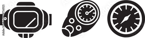 Set of three linear icons featuring a digital watch, a modern stopwatch, and a circular compass