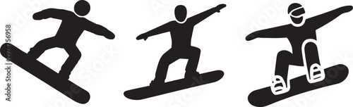 Set of three minimal vector silhouettes of snowboarders performing various riding maneuvers act