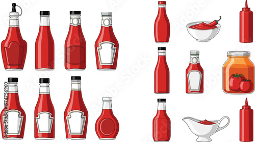 Ketchup and tomato sauce bottles vector set featuring condiment containers, jars and serving dishes isolated on white background for food packaging design