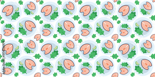 fresh salmon fillet fish seamless pattern flat. healthy seafood protein food illustration for restaurant menu or market. simple vector. pattern with white background. 