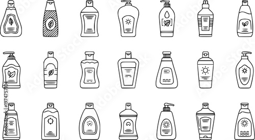 Black and White Line Art Vector of Various Shampoo and Lotion Bottles for Beauty and Personal Care