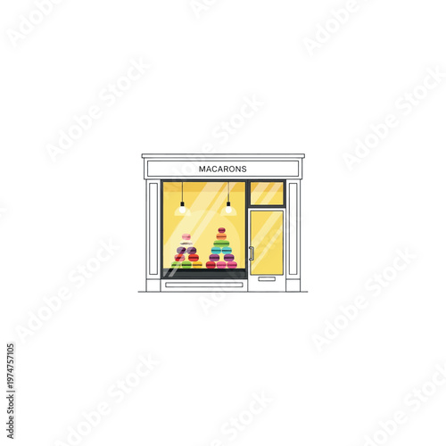 Colorful macarons in bakery store window.