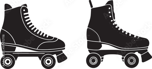 Set of Two Vintage Roller Skates Silhouettes Featuring Classic Quad Design Vector Illustration