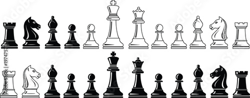 Chess pieces set illustration, black and white king queen rook bishop knight pawn, classic strategy board game vector design