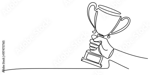 A single continuous line drawing of a human hand holding up a gold trophy cup as a sign of victory