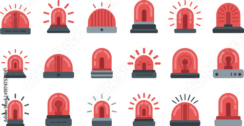 Red emergency siren flasher icons set for police ambulance fire truck and security warning signal light vector illustration.