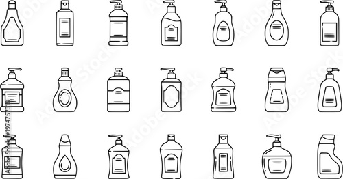 Black and White Line Art Icons of Various Bottles, Including Shampoo, Soap, and Lotion Dispensers