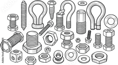 Industrial hardware set illustration, bolts nuts screws washers hooks, mechanical fasteners collection, engineering tools, monochrome vector design, construction equipment elements