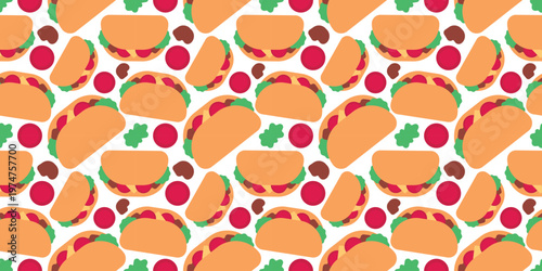 mexican hard shell taco seamless pattern flat. filled tortilla street food illustration for restaurant menu or fiesta. simple vector. pattern with white background. 