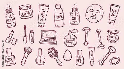 Hand drawn cosmetic products and beauty tools collection for skincare and makeup routine flat lay on pink background